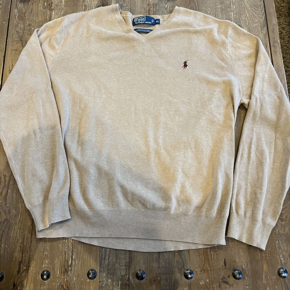 Vintage Tan Brown Camel Polo Ralph Lauren V-neck Light Sweater Size XL VTG